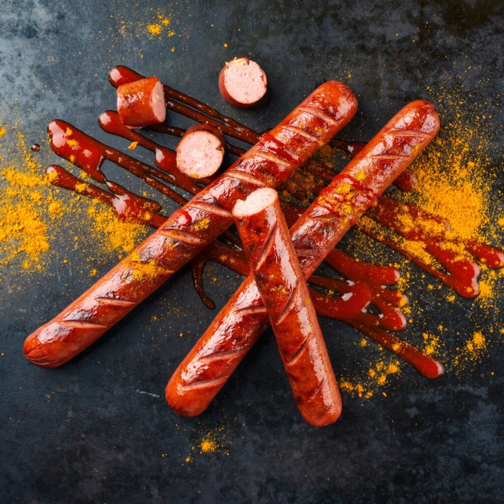 Traditionelle deutsche Bratwurst vom Grill serviert als Draufsicht auf einem rustikalen Board mit würzig scharfem Senf und Ketchup