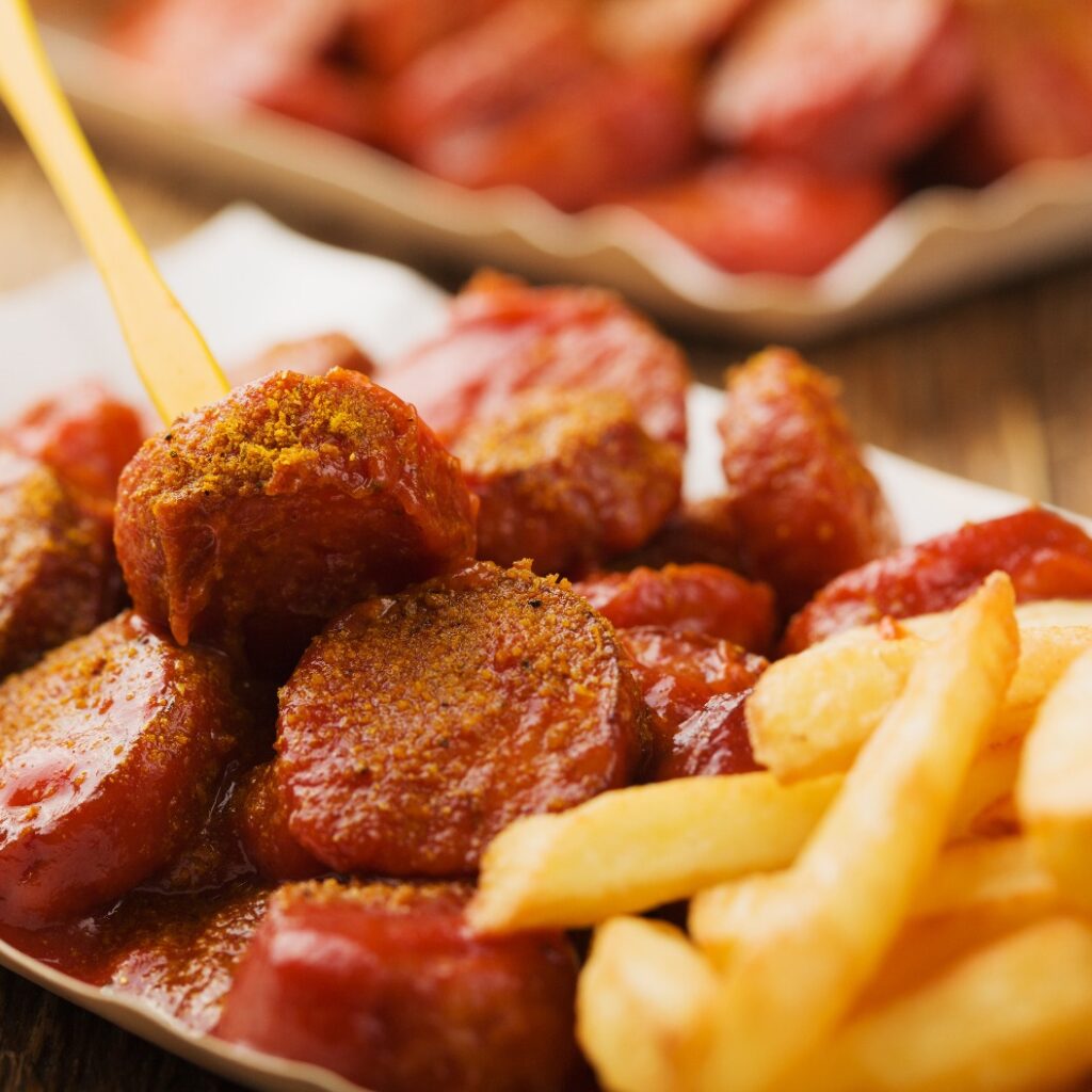 Traditionelle deutsche Currywurst, serviert mit Pommes frites auf Einwegp