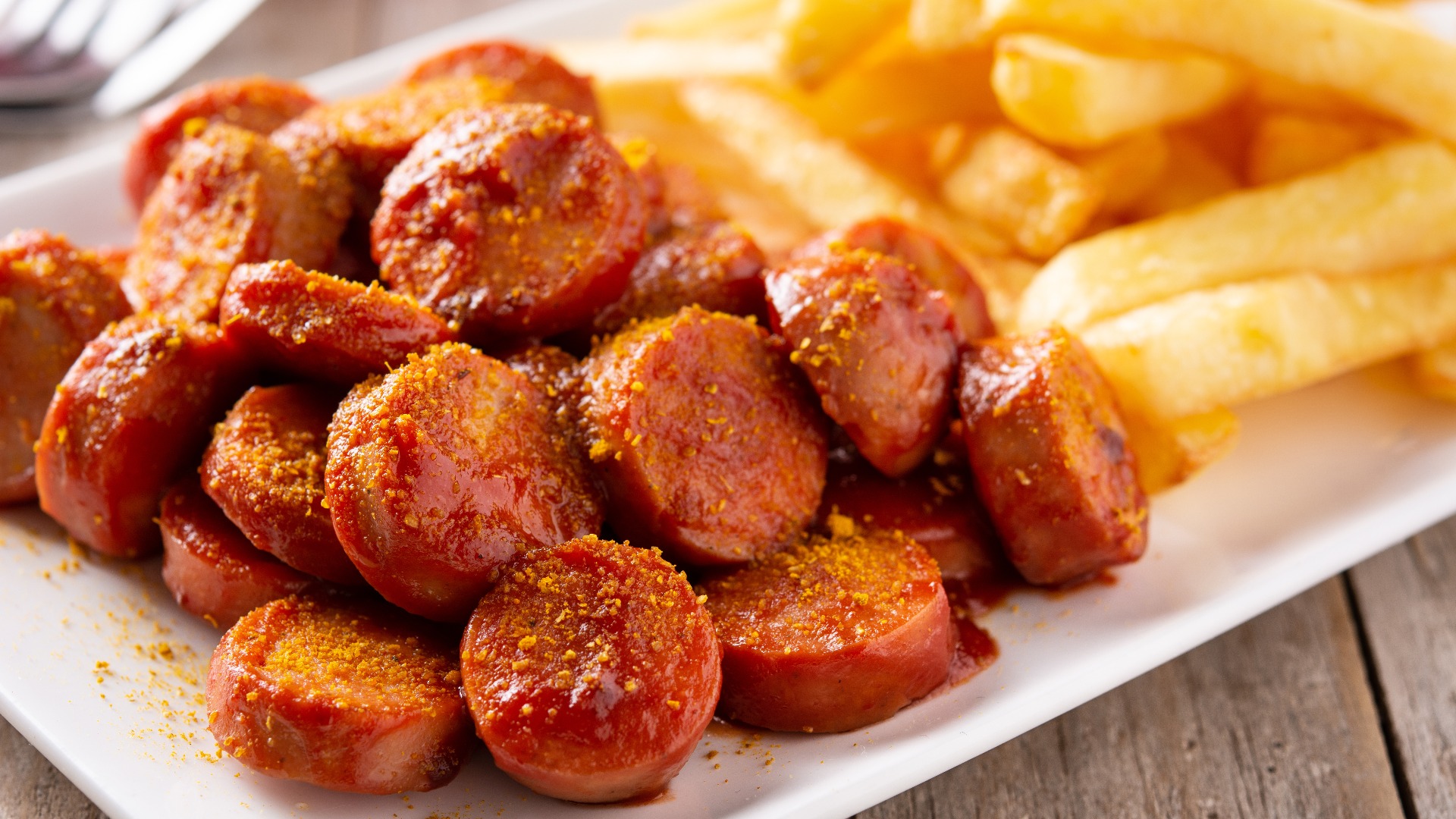 traditionelle deutsche Currywurst auf einem rustikalen Holztisch. typisches Oktoberfestessen